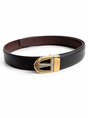Reversible Black Brown Leather Belt Made in Italy Gold Buckle Minimalist Size 34